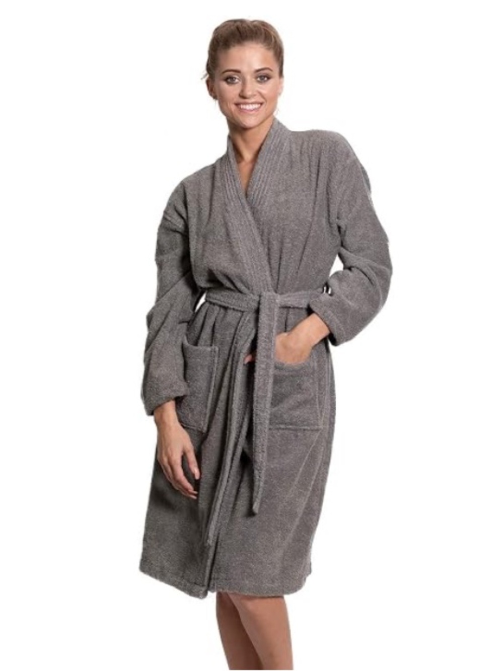 Gray Women's Turkish Terry Cloth Kimono Robe - Soft Absorbent Bathrobe